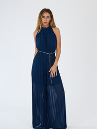 “Celestea” Jumpsuit – Pleated Jumpsuit with Crew Neck and Chain Belt