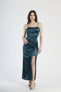 Vestito lungo in raso verde.S, strapless con nodo e spacco laterale