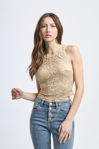 Top corto in pizzo beige, senza spalline e con scollatura tonda