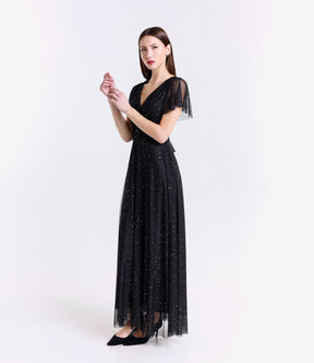 Lungo vestito nero-argento in tulle, design a V accattivante