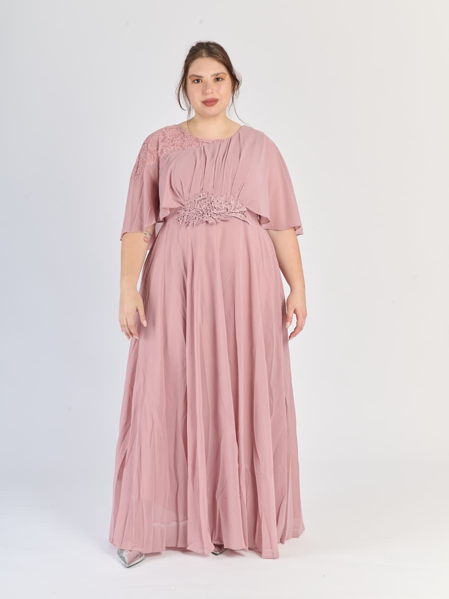 Abito lungo plus size Rosa Antico, maniche ampie e scollo rotondo