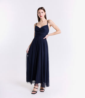 Vestito navy in tulle, spalline sottili, colore classico