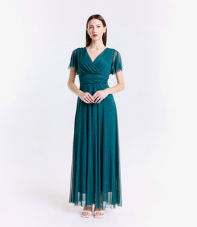 Lungo vestito ottanio in tulle, design a V glamour