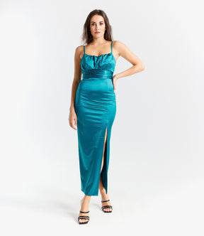 Abito elegante ottanio, design avvolgente con vita incontrita