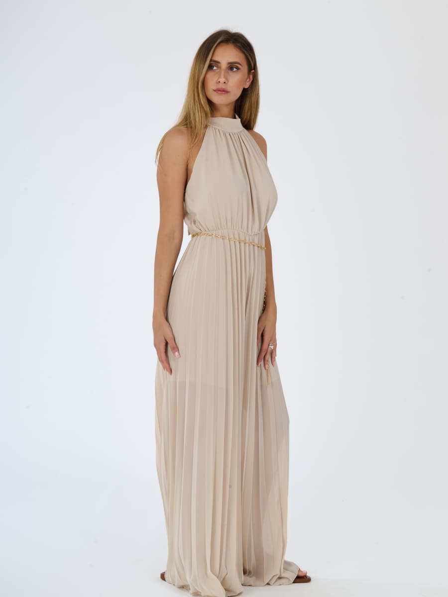 “Celestea” Jumpsuit – Pleated Jumpsuit with Crew Neck and Chain Belt