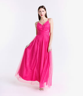 Abito lungo fuxia in tulle vivace, spalline sottili e scollo a V