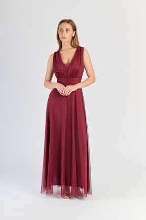 Vestito vino classico, colletto a V e gonna ampia, stile eterno come il vino.