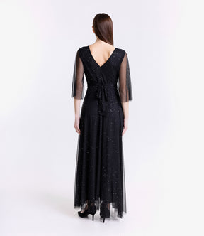 Abito da cerimonia nero-argento con maniche di tulle e design avvolgente