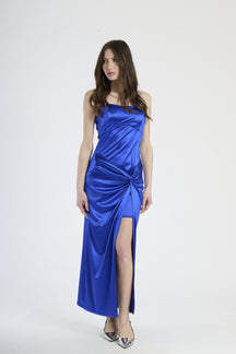 Vestito lungo in raso bluette, strapless con nodo e spacco laterale