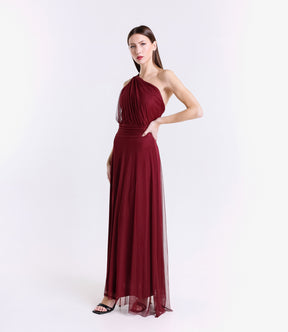 Vestito elegante vino, taglio a campana con scollo asimmetrico e fascia vita