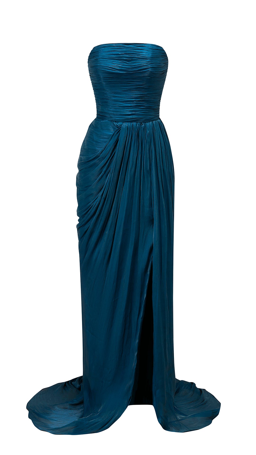Abito Lungo Donna Senza Spalline a Pieghè, Gonna Drappeggiata con Spacco e Strascico, Elegante per Matrimoni e Serate di Gala
