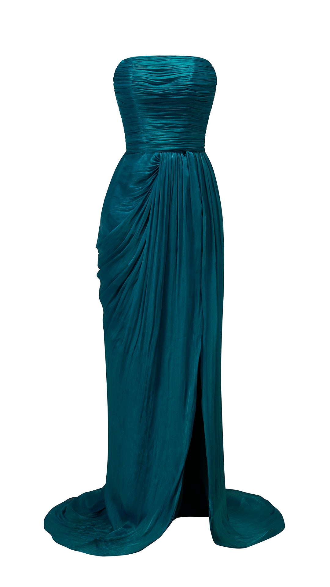 Abito Lungo Donna Senza Spalline a Pieghè, Gonna Drappeggiata con Spacco e Strascico, Elegante per Matrimoni e Serate di Gala
