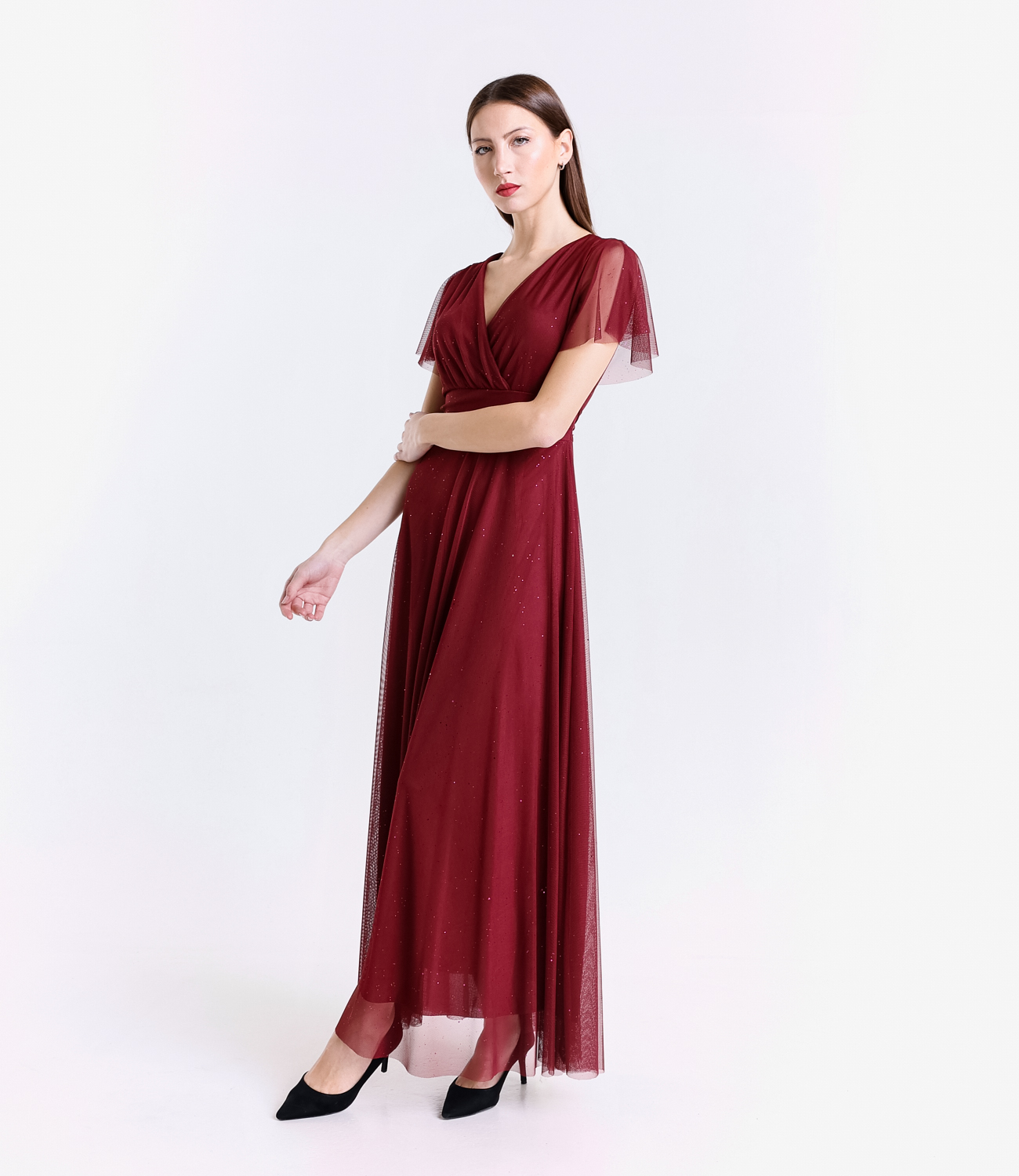 abito da damigellatulle lungo scollatura a V maniche eleganti cerimonia elegante vestito raffinato