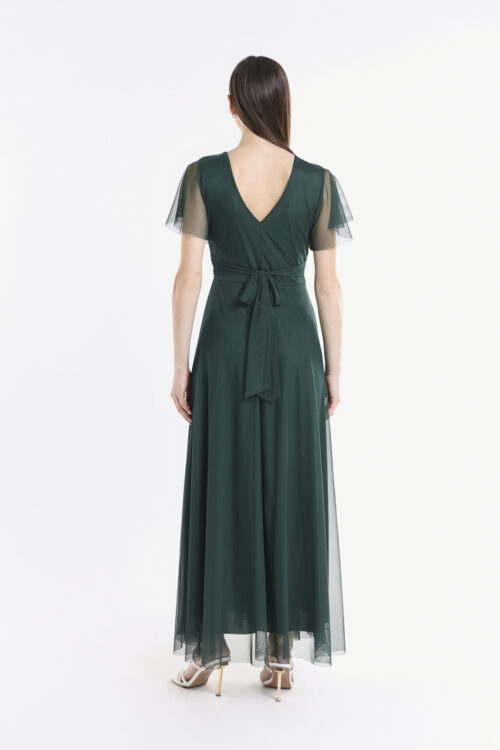 Vestito elegante in verde scuro con maniche in tulle sheer