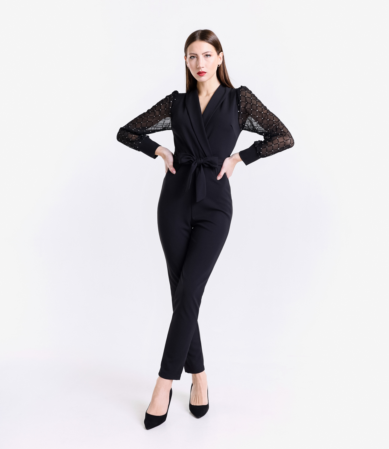 Tuta elegante a V in scuba crepe